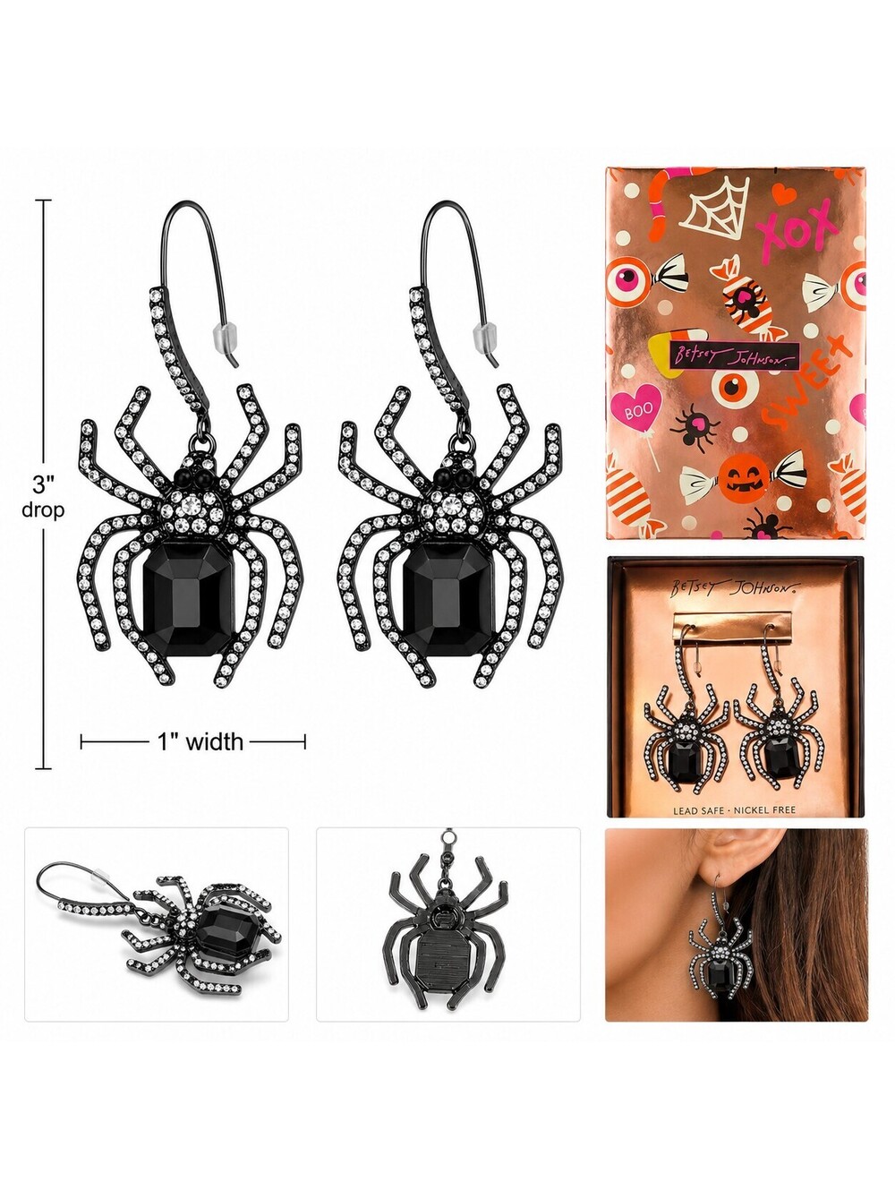 Betsey Johnson Black Crystal Spider Shepherd Hook Earrings